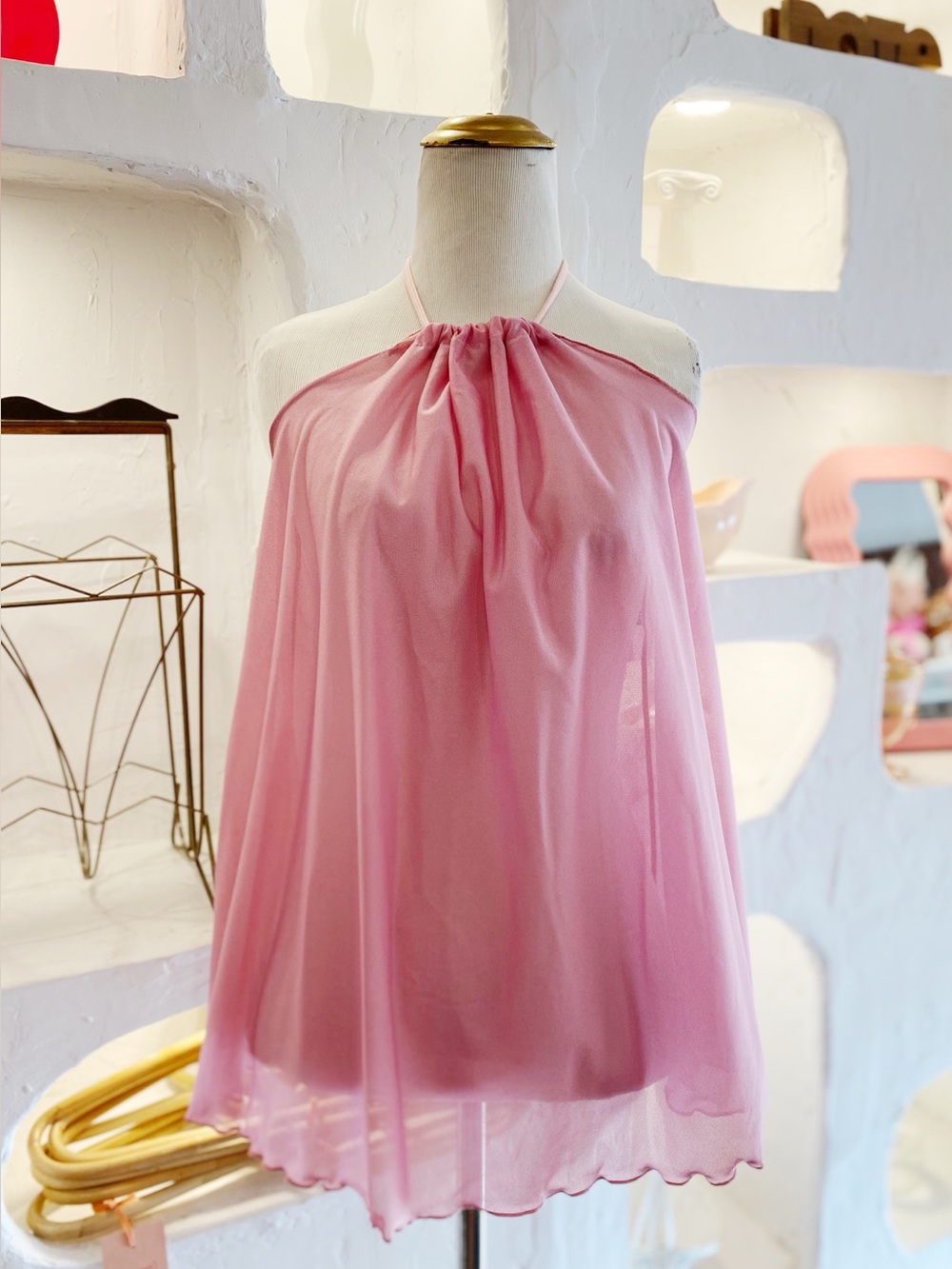 Pink Sheer Mesh Flowy A-Line Adjustable Halter Top Dance Costume